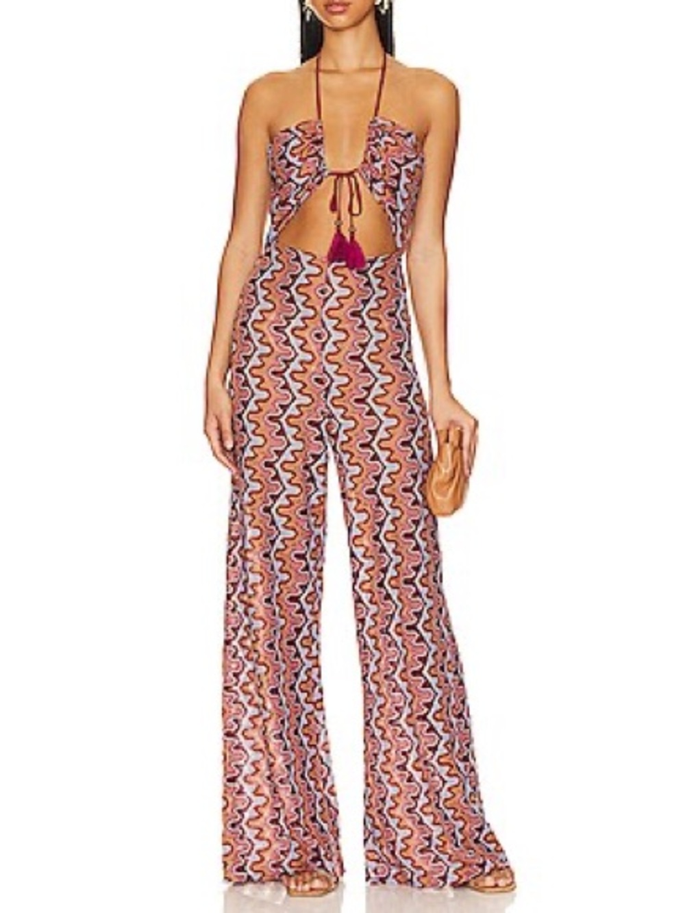 Anthropologie Pink Multi Wavy Halter Jumpsuit